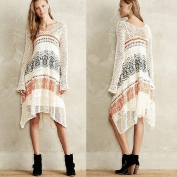 Sleeping on Snow Dress Small Anthopologie Risen Sun Orange Crochet Sweater Boho - Picture 1 of 13